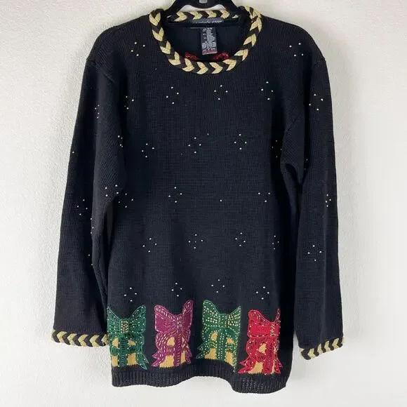 VTG Eagles Eye Sweater Womens Medium Ramie Embroidered Beaded Holiday Hong Kong - Picture 1 of 13